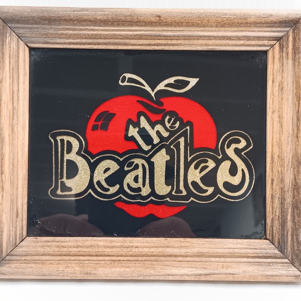 Vintage 1970s Beatles Foil Wall Art Apple Logo Framed Glass Carnival Prize